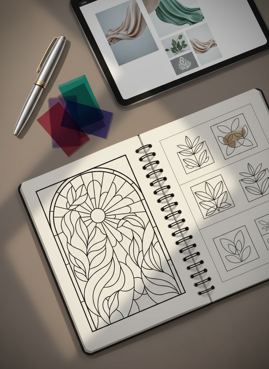 A close-up digital-art scene of a designer’s workspace focused on the intersection of corporate and personal projects. On a warm gray desktop, an open sketchbook reveals a delicately drawn stained-glass window concept beside crisp grid-based logo explorations for a sustainable fashion brand, all rendered as intricate linework without text. Nearby, a high-end pen, a tablet with a half-finished layout featuring photography and illustration, and translucent, jewel-toned acetate samples suggest glass and light studies. Soft afternoon light from the left grazes the surfaces, creating subtle highlights on metallic tools and gentle shadows across the pages. Shot from a top-down perspective with slightly vignetted edges, the image feels intimate, thoughtful, and process-oriented, blending analytical precision with artistic experimentation in a sophisticated digital-art style.