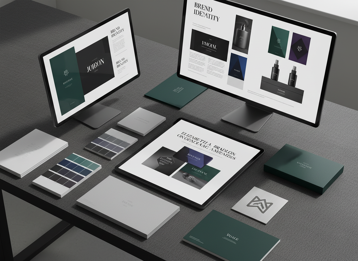 A meticulously arranged digital flatlay of a sophisticated graphic design portfolio for Elizabeth A. Bradley. Sleek tablets and large, borderless monitors display bold editorial layouts, minimalist brand identities, and fashion and beauty packaging concepts in a refined monochrome and muted jewel-tone palette. Around them lie neatly stacked mock-ups, color swatch cards, and an abstract, non-text logo mark etched into a brushed metal plate. The setting is a clean, charcoal-gray studio desk with subtle texture, illuminated by soft, indirect daylight from an unseen window, creating gentle reflections and carefully controlled shadows. Composed from a slightly elevated angle with crisp focus throughout, the scene feels curated, calm, and expertly organized. Rendered in polished digital-art realism, the mood is sophisticated, confident, and distinctly contemporary.