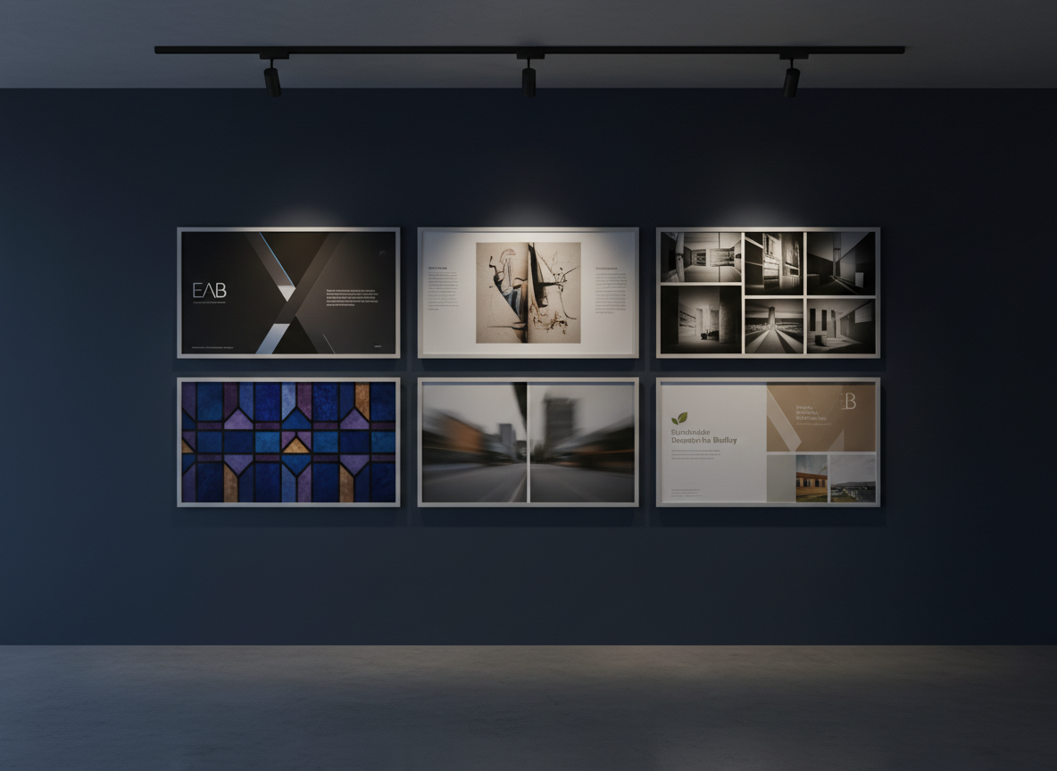 A moody digital-art interior of a minimalist studio wall arranged as a curated exhibition of Elizabeth A. Bradley’s work. Large, frameless boards display a mix of corporate identity systems, editorial spreads, photography series, and stained-glass-inspired patterns, each panel floating slightly off a deep midnight-blue wall. The layout follows a precise grid but allows breathing space, with subtle alignments hinting at meticulous design thinking. A slim spotlight track casts focused pools of warm-white light onto select pieces, leaving the surroundings in a soft, velvety darkness. The polished concrete floor reflects faint color accents from the artwork. Shot from a wide, slightly low angle, the composition feels immersive and cinematic, as though standing in a private gallery. The atmosphere is contemplative, intelligent, and unmistakably sophisticated.