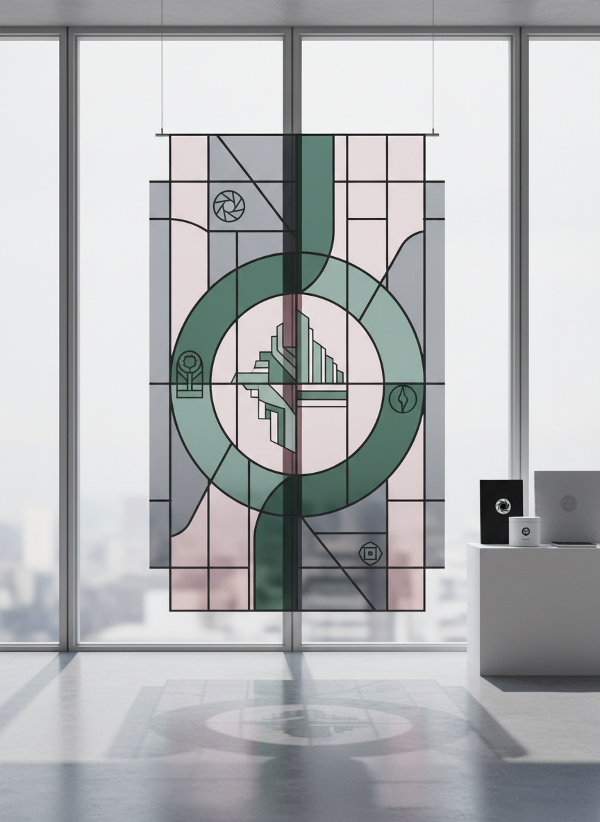 A richly detailed digital-art illustration of a conceptual stained-glass panel designed by Elizabeth A. Bradley, suspended in front of a large, diffuse window. The glass is divided into crisp geometric segments: cool smoke-gray rectangles, muted emerald arcs, and translucent blush facets, interwoven with slender dark lead lines that echo modernist graphic design grids. Abstract symbols reference sustainability, urban architecture, and photography lenses, all non-literal and text-free. Overcast daylight pours through, casting colored reflections onto a smooth concrete floor and a nearby minimalist plinth displaying monochrome brand mock-ups. Captured straight-on with a slightly wide frame, the composition feels balanced and architectural. The mood is contemplative and refined, merging traditional stained-glass craft with contemporary graphic sensibilities in a sleek digital-art rendering.
