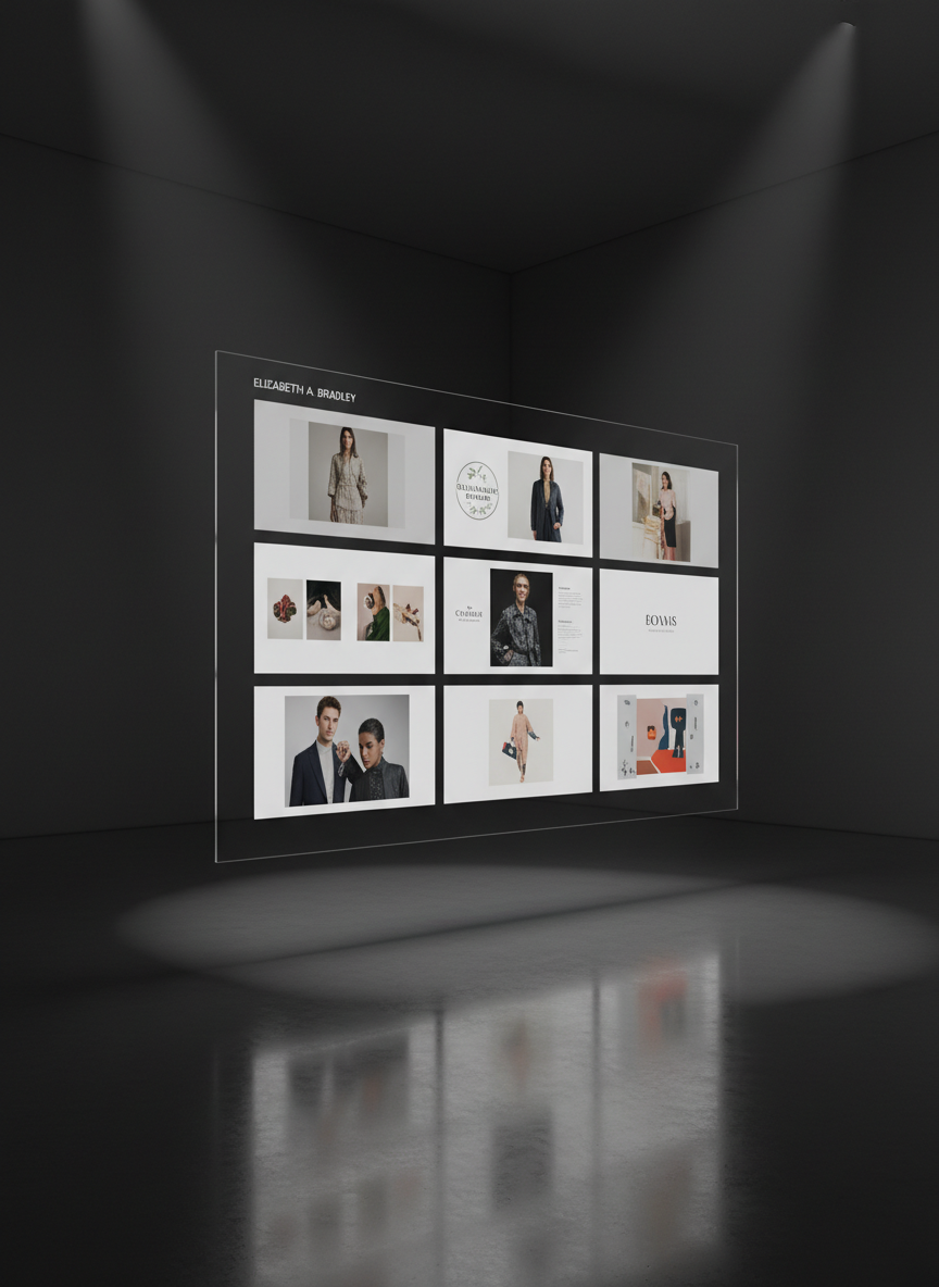 An elegant digital-art composition of a large, ultra-thin screen floating in a softly lit gallery-like space, showcasing a grid of Elizabeth A. Bradley’s portfolio pieces: fashion lookbook spreads, sustainable brand systems, refined corporate identities, and expressive personal illustrations. Each project appears as a frameless panel with strong geometry and considered white space, arranged in a balanced asymmetric layout. The environment is minimal, with deep slate walls fading into darkness and a reflective floor catching subtle color accents. Directional overhead lighting casts precise pools of light, highlighting key panels and creating long, cinematic shadows. The camera is at eye level, with a slight three-quarter perspective that emphasizes depth. The atmosphere is quiet, confident, and museum-like, evoking a curated retrospective of a sophisticated graphic designer’s work.